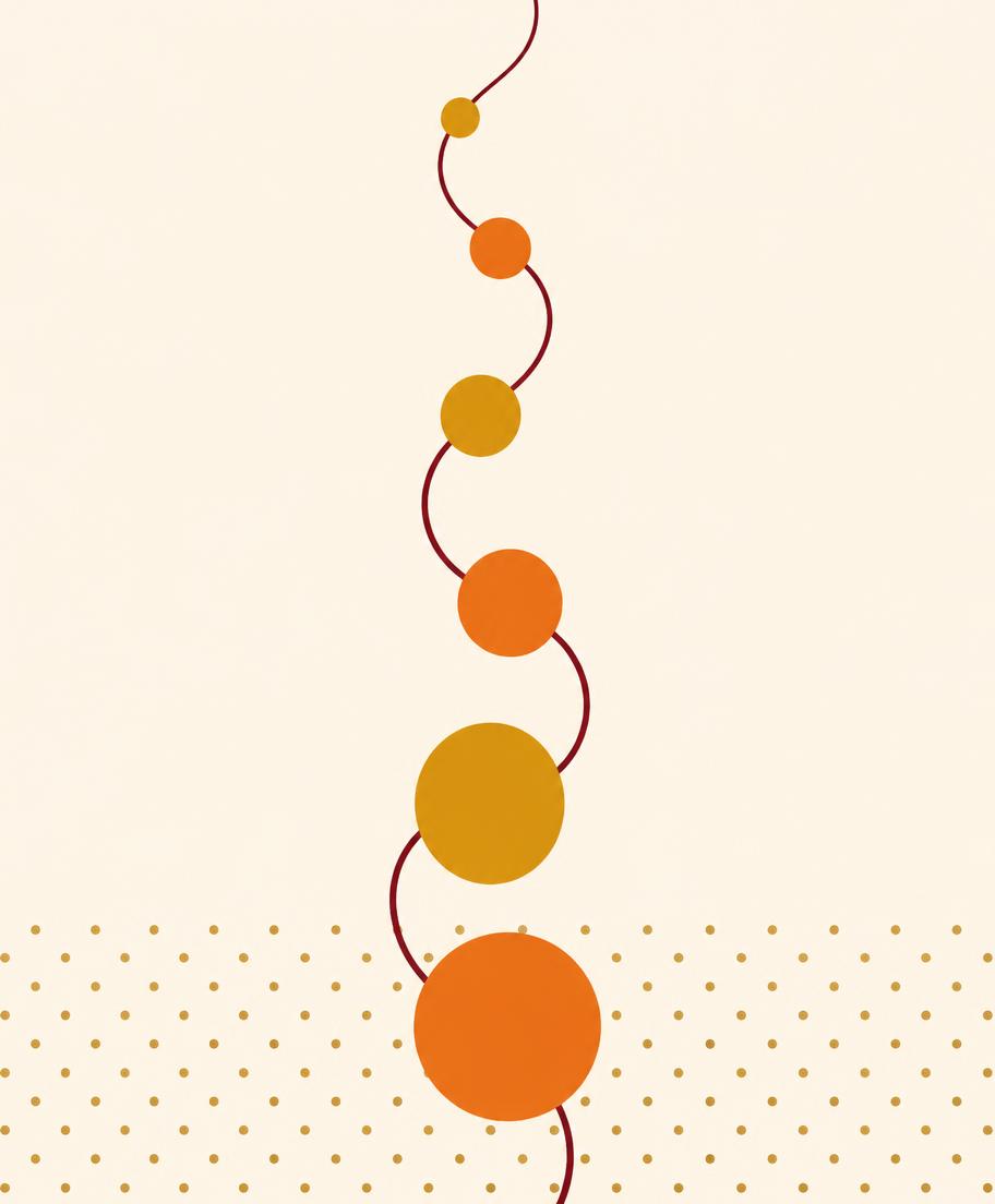 A flowing thread linking progressively larger dots above an ordered field of gold dots